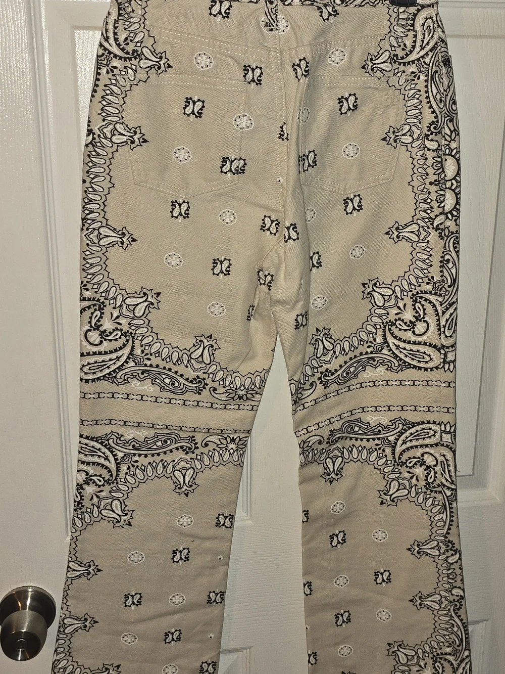 Tory Burch Cream and Black Bandana-Print Boot Cut Jeans